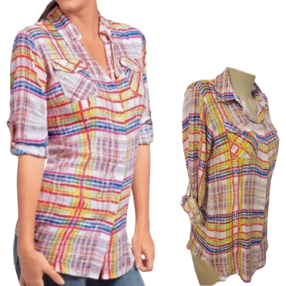 EUC CAbi “Cirque” Bold Multicolor Plaid Roll Tab Blouse (GMH)